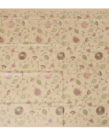 Brown Cotton Silk Fabric with Pink and Green Floral Embroidery, 110 cm Width-D20431