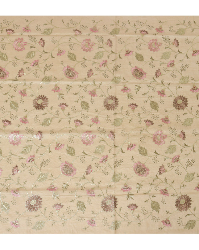 Brown Cotton Silk Fabric with Pink and Green Floral Embroidery, 110 cm Width-D20431