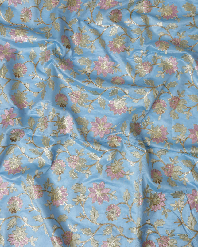 Sky Blue Cotton Silk Fabric with Pink and Gold Floral Embroidery, 110 cm Width-D20432