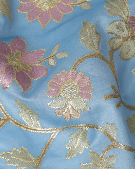 Sky Blue Cotton Silk Fabric with Pink and Gold Floral Embroidery, 110 cm Width-D20432