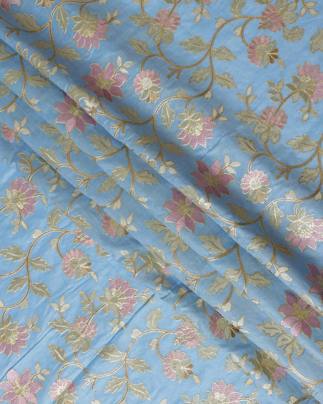 Sky Blue Cotton Silk Fabric with Pink and Gold Floral Embroidery, 110 cm Width-D20432