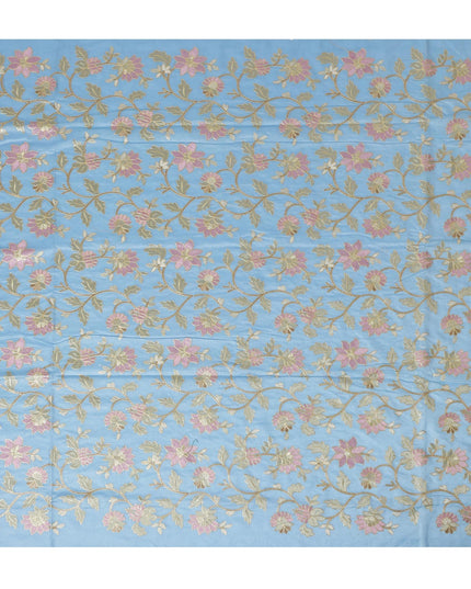 Sky Blue Cotton Silk Fabric with Pink and Gold Floral Embroidery, 110 cm Width-D20432