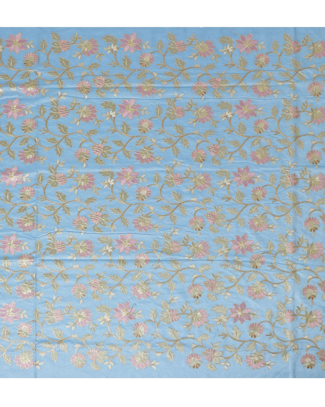 Sky Blue Cotton Silk Fabric with Pink and Gold Floral Embroidery, 110 cm Width-D20432