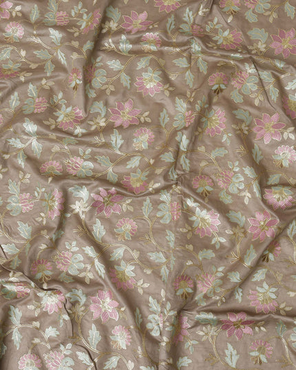 Taupe Cotton Silk Fabric with Pink and Mint Green Floral Embroidery, 110 cm Width-D20433