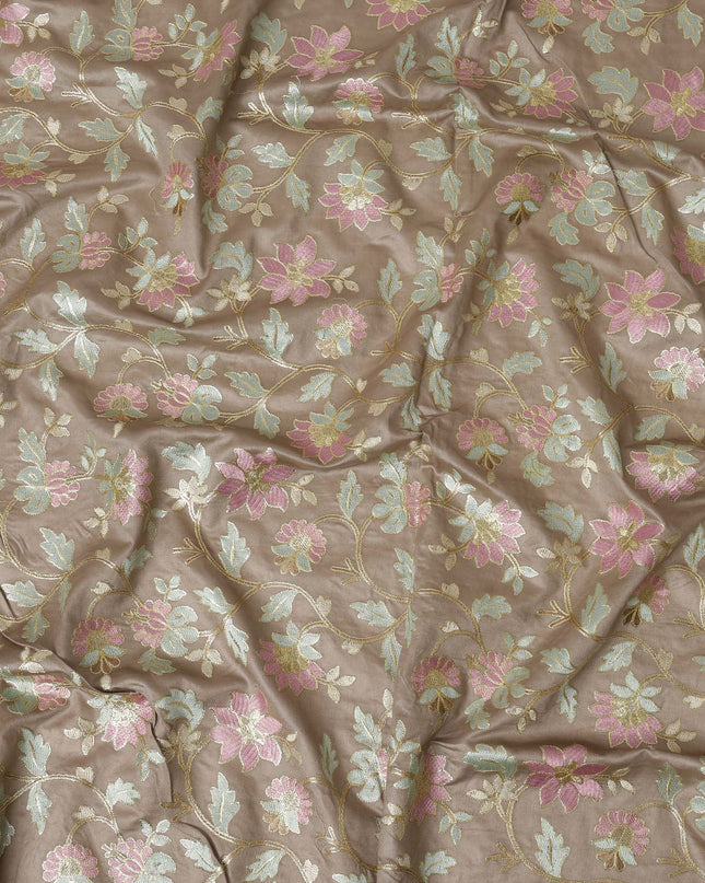 Taupe Cotton Silk Fabric with Pink and Mint Green Floral Embroidery, 110 cm Width-D20433