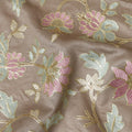 Taupe Cotton Silk Fabric with Pink and Mint Green Floral Embroidery, 110 cm Width-D20433