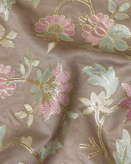 Taupe Cotton Silk Fabric with Pink and Mint Green Floral Embroidery, 110 cm Width-D20433