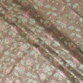 Taupe Cotton Silk Fabric with Pink and Mint Green Floral Embroidery, 110 cm Width-D20433