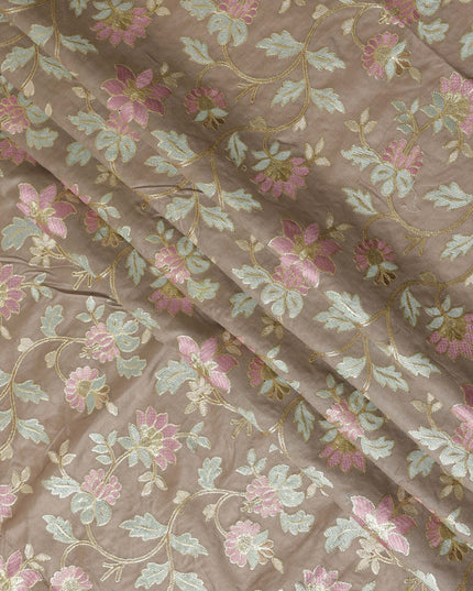 Taupe Cotton Silk Fabric with Pink and Mint Green Floral Embroidery, 110 cm Width-D20433