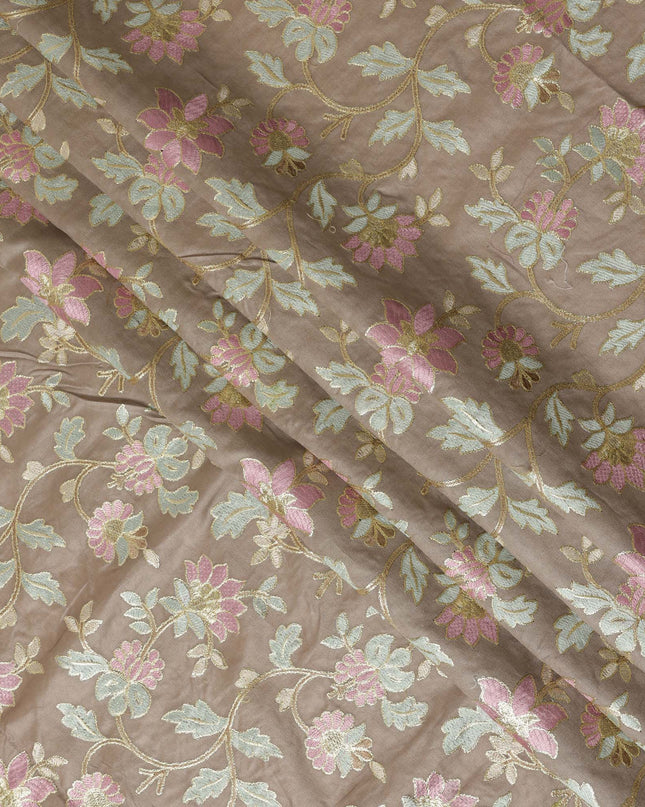 Taupe Cotton Silk Fabric with Pink and Mint Green Floral Embroidery, 110 cm Width-D20433