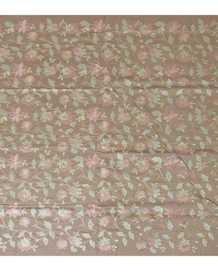 Taupe Cotton Silk Fabric with Pink and Mint Green Floral Embroidery, 110 cm Width-D20433