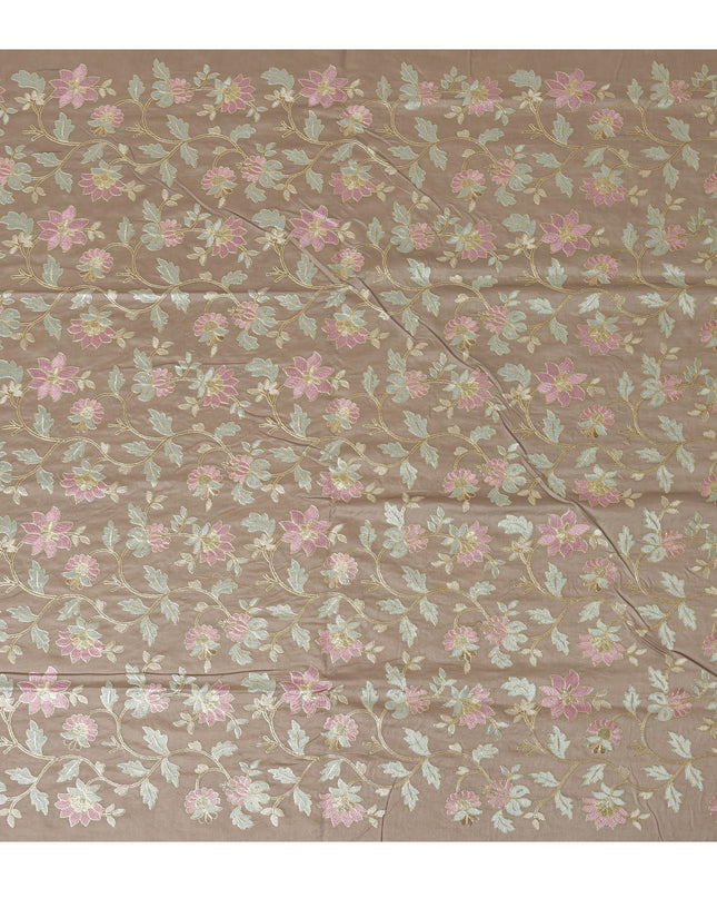 Taupe Cotton Silk Fabric with Pink and Mint Green Floral Embroidery, 110 cm Width-D20433