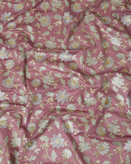 Dusty Rose Cotton Silk Fabric with Blue and Gold Floral Embroidery, 110 cm Width-D20434