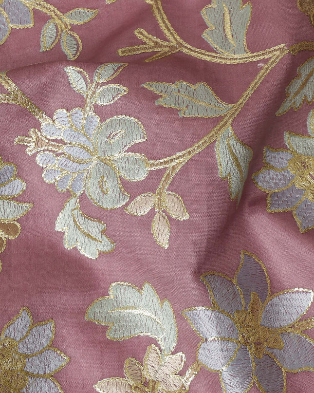 Dusty Rose Cotton Silk Fabric with Blue and Gold Floral Embroidery, 110 cm Width-D20434