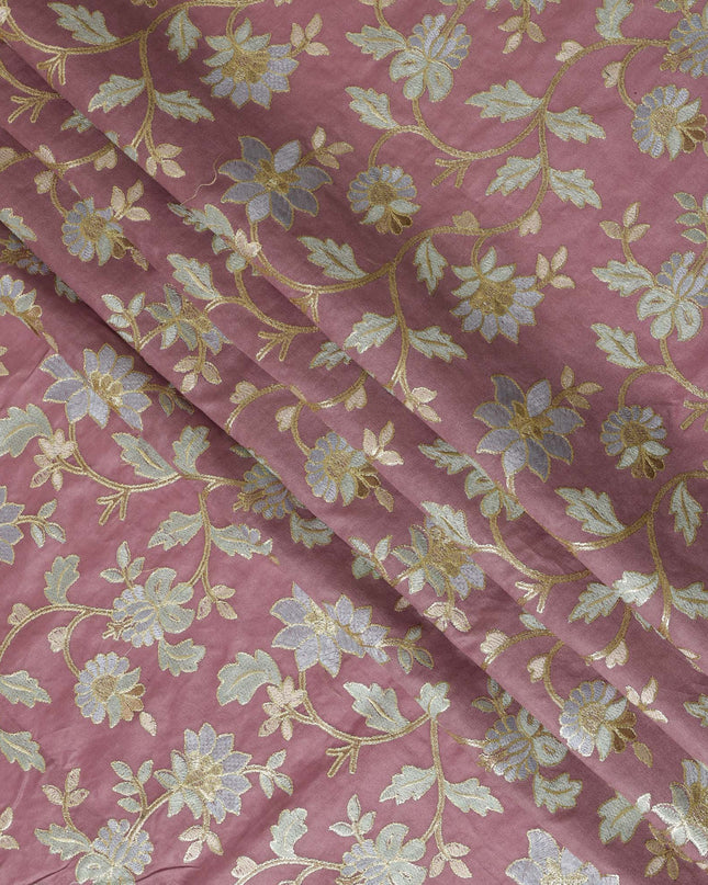 Dusty Rose Cotton Silk Fabric with Blue and Gold Floral Embroidery, 110 cm Width-D20434