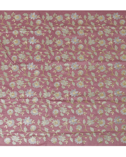 Dusty Rose Cotton Silk Fabric with Blue and Gold Floral Embroidery, 110 cm Width-D20434