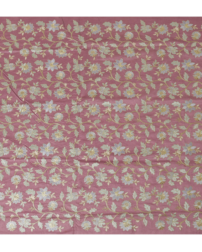 Dusty Rose Cotton Silk Fabric with Blue and Gold Floral Embroidery, 110 cm Width-D20434