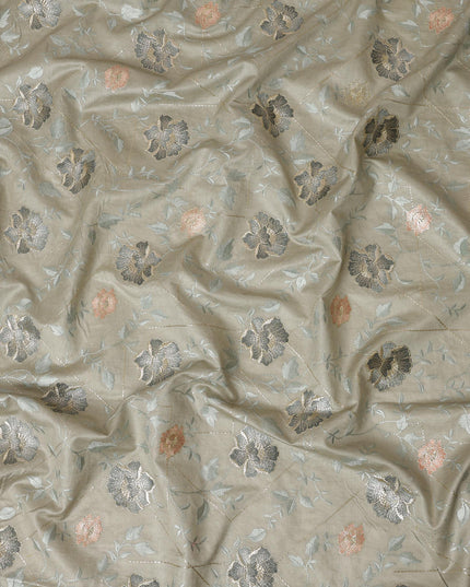 Sage Green Cotton Silk Fabric with Black and Peach Floral Embroidery, 110 cm Width-D20435