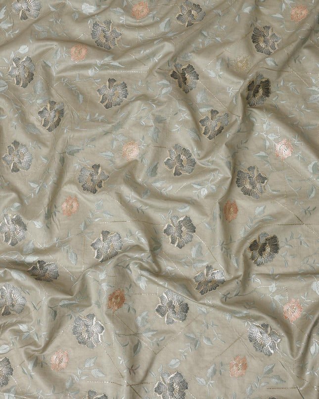 Sage Green Cotton Silk Fabric with Black and Peach Floral Embroidery, 110 cm Width-D20435