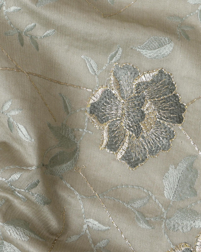 Sage Green Cotton Silk Fabric with Black and Peach Floral Embroidery, 110 cm Width-D20435