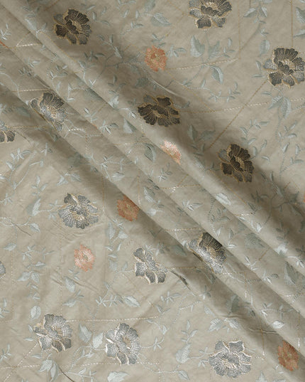 Sage Green Cotton Silk Fabric with Black and Peach Floral Embroidery, 110 cm Width-D20435