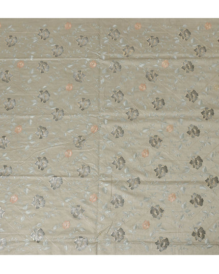 Sage Green Cotton Silk Fabric with Black and Peach Floral Embroidery, 110 cm Width-D20435