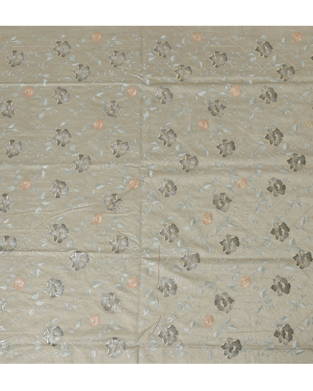 Sage Green Cotton Silk Fabric with Black and Peach Floral Embroidery, 110 cm Width-D20435