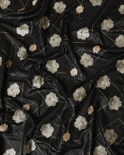 Black Cotton Silk Fabric with Ivory and Peach Floral Embroidery, 110 cm Width-D20437