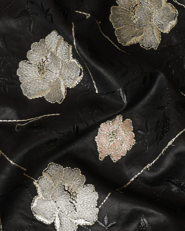 Black Cotton Silk Fabric with Ivory and Peach Floral Embroidery, 110 cm Width-D20437