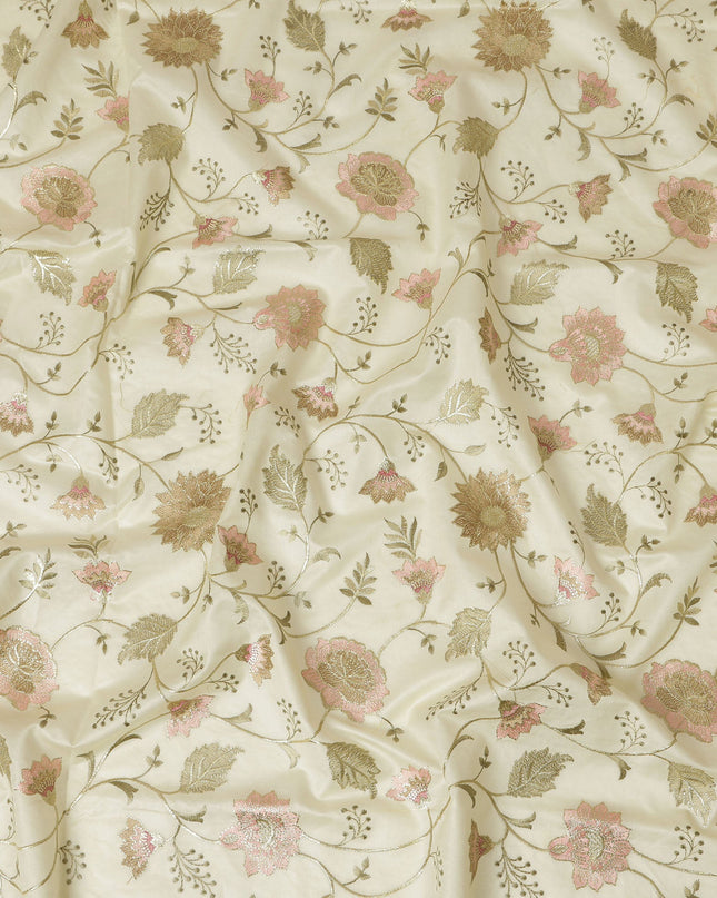 Light laurel green Cotton Silk Fabric with Gold and Pink Floral Embroidery, 110 cm Width-D20438