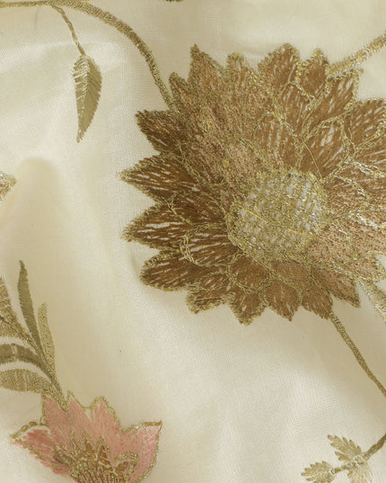 Light laurel green Cotton Silk Fabric with Gold and Pink Floral Embroidery, 110 cm Width-D20438