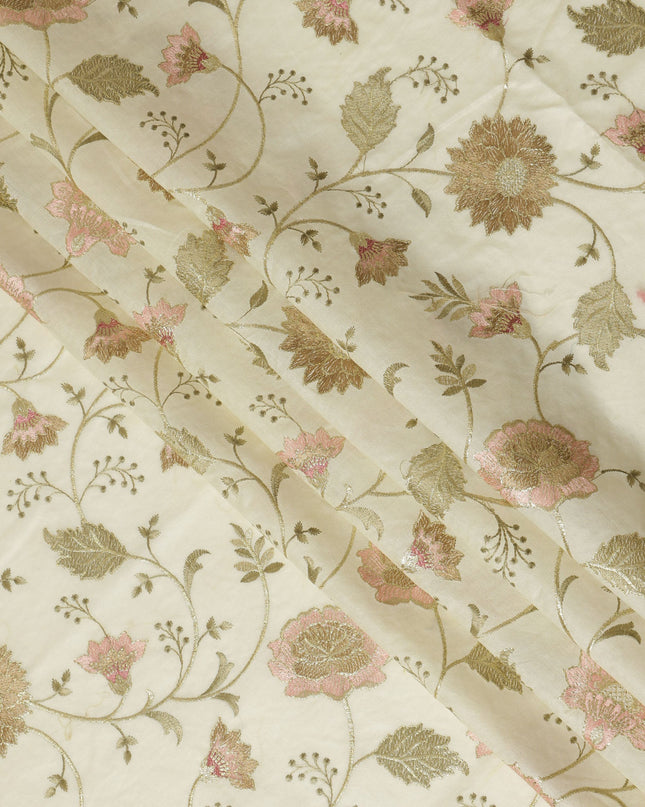 Light laurel green Cotton Silk Fabric with Gold and Pink Floral Embroidery, 110 cm Width-D20438