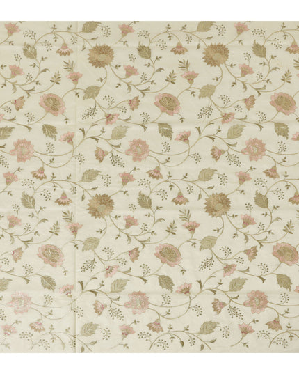 Light laurel green Cotton Silk Fabric with Gold and Pink Floral Embroidery, 110 cm Width-D20438