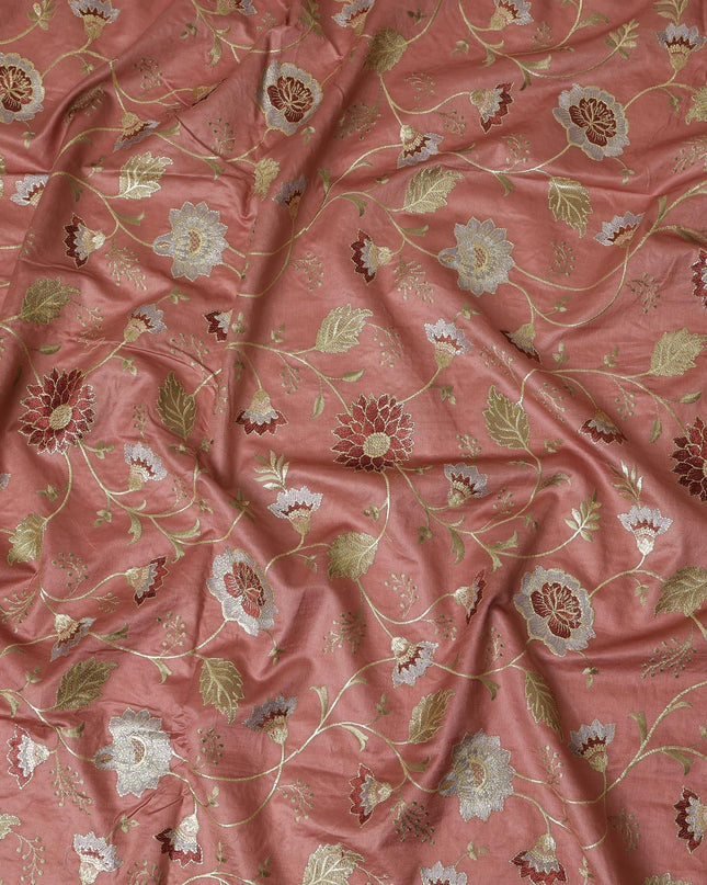 Coral Pink Cotton Silk Fabric with Gold and White Floral Embroidery, 110 cm Width-D20439