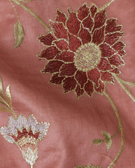 Coral Pink Cotton Silk Fabric with Gold and White Floral Embroidery, 110 cm Width-D20439