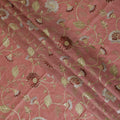 Coral Pink Cotton Silk Fabric with Gold and White Floral Embroidery, 110 cm Width-D20439
