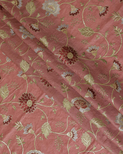 Coral Pink Cotton Silk Fabric with Gold and White Floral Embroidery, 110 cm Width-D20439