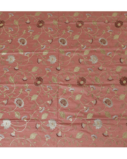 Coral Pink Cotton Silk Fabric with Gold and White Floral Embroidery, 110 cm Width-D20439