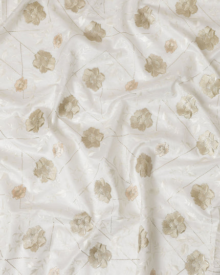 Ivory Cotton Silk Fabric with Gold and Peach Floral Embroidery, 110 cm Width-D20440