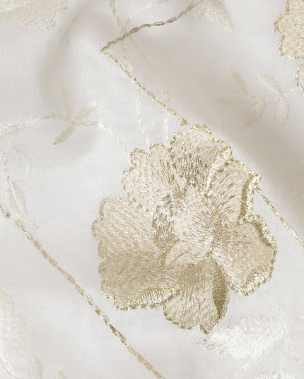 Ivory Cotton Silk Fabric with Gold and Peach Floral Embroidery, 110 cm Width-D20440