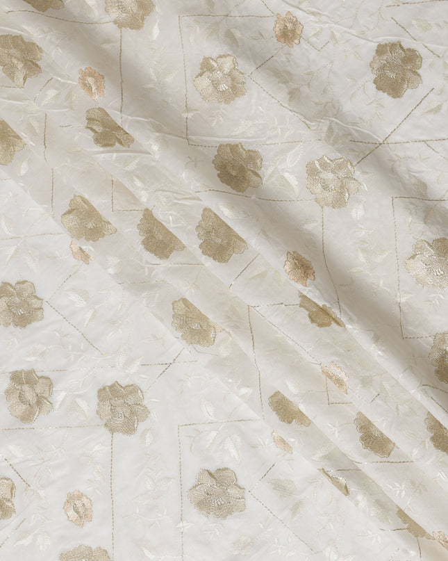 Ivory Cotton Silk Fabric with Gold and Peach Floral Embroidery, 110 cm Width-D20440