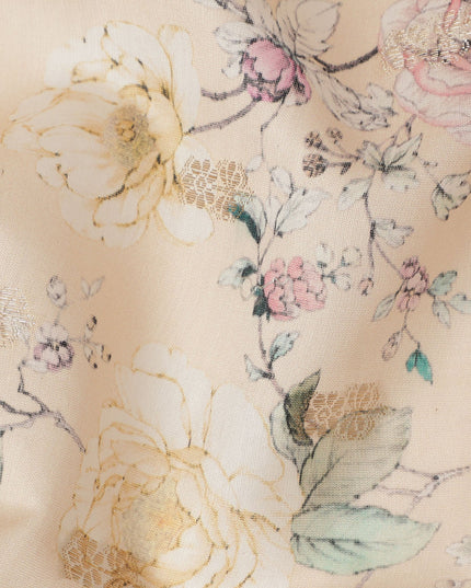 Peach Viscose Blended Fabric with Multicolor Floral Embroidery, 110 cm Width-D20441