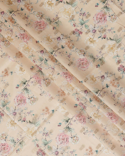 Peach Viscose Blended Fabric with Multicolor Floral Embroidery, 110 cm Width-D20441