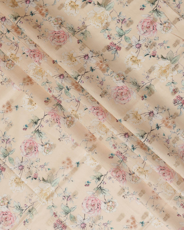 Peach Viscose Blended Fabric with Multicolor Floral Embroidery, 110 cm Width-D20441