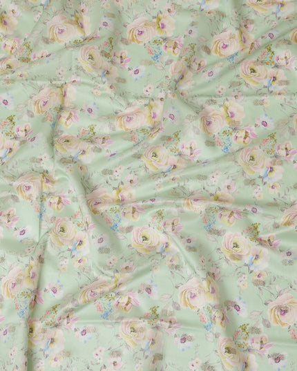 Mint Green Viscose Blended Fabric with Pastel Floral Embroidery, 110 cm Width-D20442