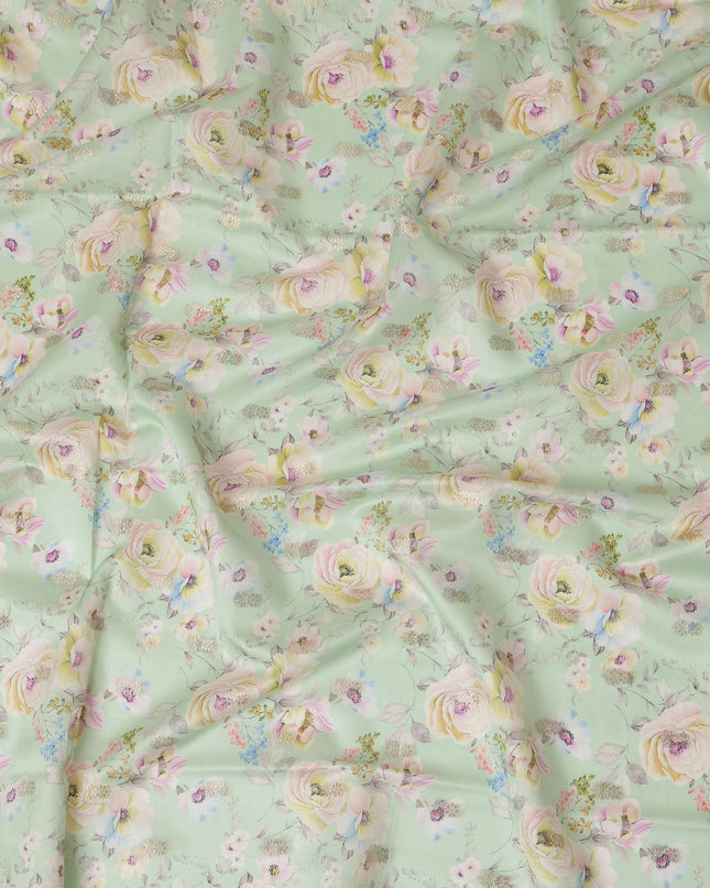 Mint Green Viscose Blended Fabric with Pastel Floral Embroidery, 110 cm Width-D20442