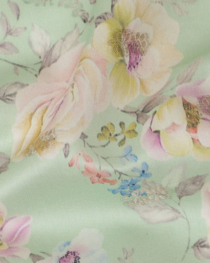 Mint Green Viscose Blended Fabric with Pastel Floral Embroidery, 110 cm Width-D20442