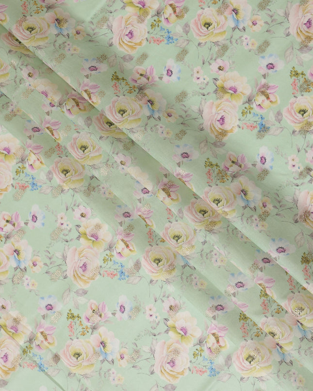 Mint Green Viscose Blended Fabric with Pastel Floral Embroidery, 110 cm Width-D20442