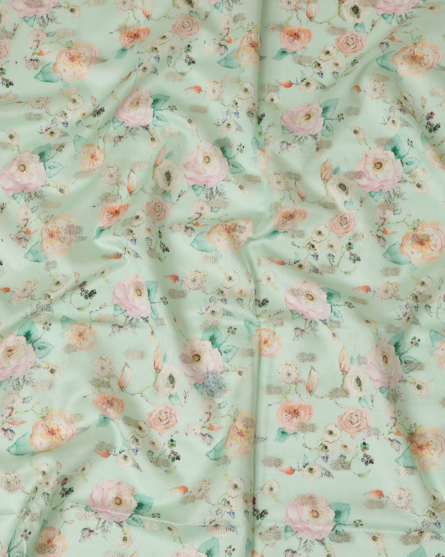 Aqua Green Viscose Blended Fabric with Peach and White Floral Embroidery, 110 cm Width-D20443