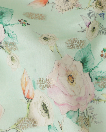 Aqua Green Viscose Blended Fabric with Peach and White Floral Embroidery, 110 cm Width-D20443